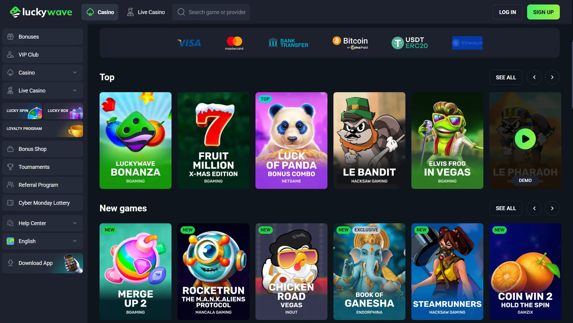 LuckyWave casino homepage met de beste betaalopties voor gokspellen en nieuwe spelreleases