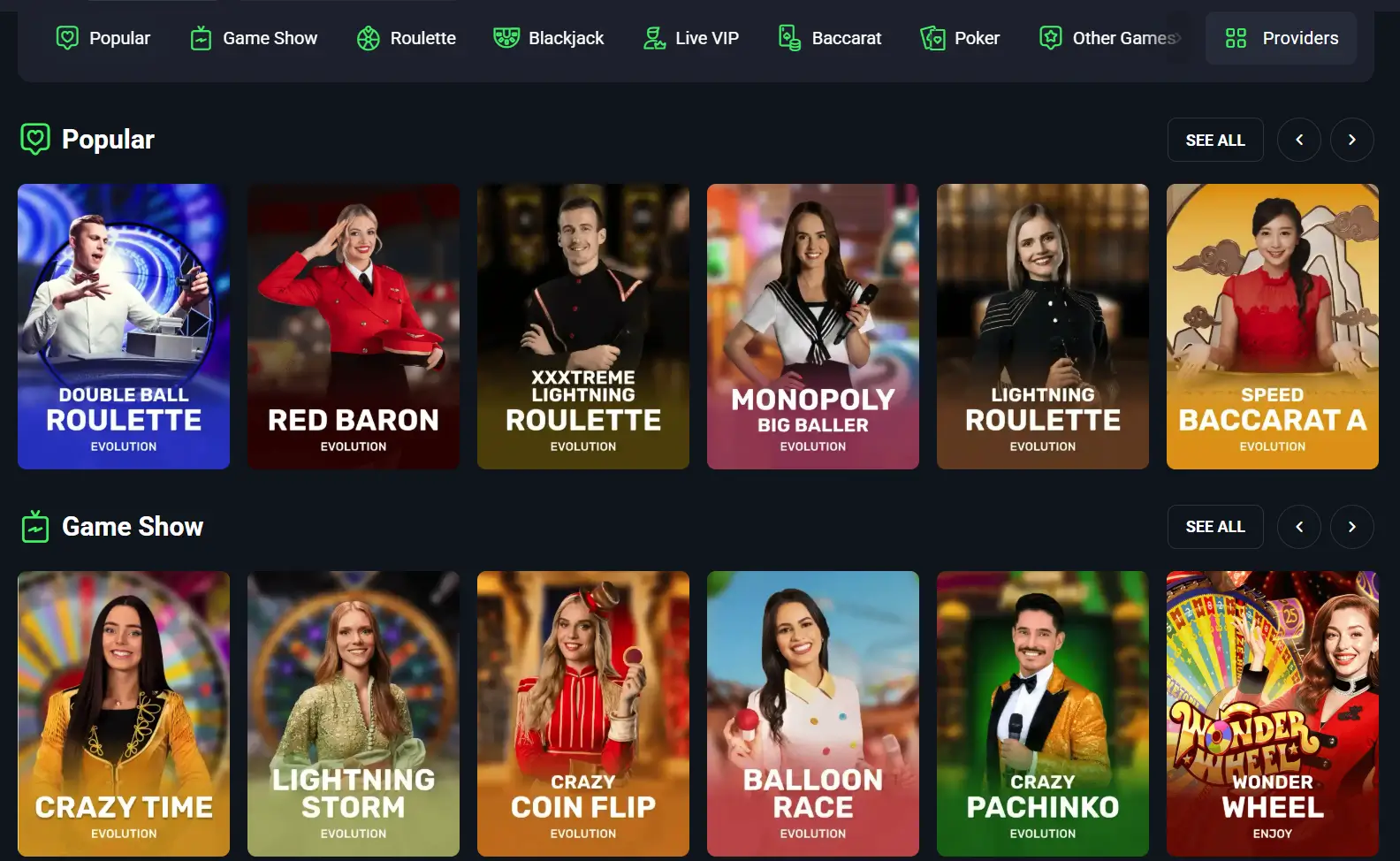LuckyWave live casino-sectie met populaire roulette-spelshows, baccarat en professionele presentatoren